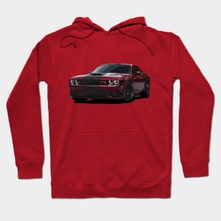 Explosive Blaze: Red Dodge Challenger Fiery Front Full Body Posterize Car Design Hoodie